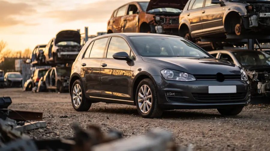 A dark grey hatchback parked in a UK breaker's yard at golden hour